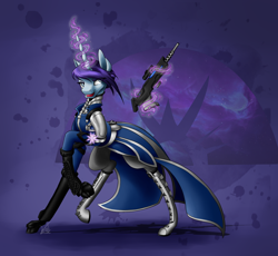 Size: 2500x2300 | Tagged: safe, artist:vera-li, oc, oc only, pony, unicorn, clothes, crossover, destiny (game), dress, female, gun, magic, mare, open mouth, solo, telekinesis, weapon