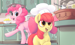 Size: 5000x3000 | Tagged: safe, artist:dimfann, apple bloom, pinkie pie, earth pony, pony, series:pony re-watch, call of the cutie, adorabloom, apple bloom's bow, baking, bow, chef's hat, cute, duo, female, filly, food, hair bow, hat, high res, kitchen, lemon, mare, scene interpretation, spoon, sugarcube corner