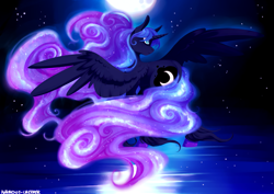 Size: 2411x1708 | Tagged: safe, artist:polkadot-creeper, princess luna, alicorn, pony, ethereal mane, female, mare, moon, night, sky, solo, spread wings, starry mane, starry night, stars, wings