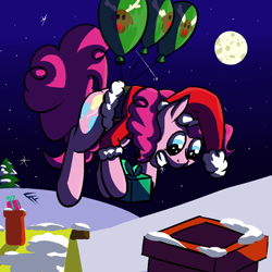 Size: 950x950 | Tagged: safe, artist:frecklesfanatic, pinkie pie, earth pony, pony, balloon, chimney, christmas, clothes, costume, female, floating, grin, hat, mare, present, santa costume, santa hat, smiling, snow, solo, then watch her balloons lift her up to the sky