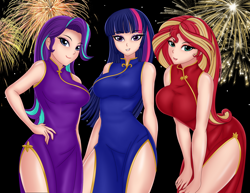 Size: 3040x2342 | Tagged: safe, artist:anonix123, starlight glimmer, sunset shimmer, twilight sparkle, human, equestria girls, cheongsam, clothes, fireworks, humanized, looking at you