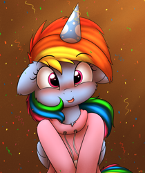 Size: 2100x2500 | Tagged: safe, artist:heavymetalbronyyeah, rainbow dash, pegasus, pony, 2020, :p, clothes, cute, dashabetes, floppy ears, happy new year, hat, high res, holiday, hoodie, human shoulders, looking at you, party hat, smiling, solo, tongue out