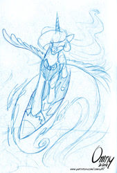 Size: 600x887 | Tagged: safe, artist:omny87, princess celestia, alicorn, pony, monochrome, sketch, sun, surfboard, surfing, traditional art