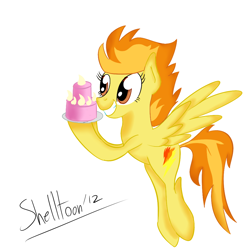 Size: 1000x1000 | Tagged: safe, artist:shelltoon, spitfire, pegasus, cake, female, flying, solo