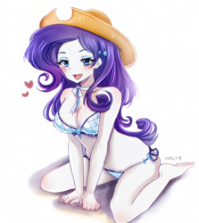 Size: 1162x1300 | Tagged: safe, artist:melfy, rarity, equestria girls, accessory swap, adorasexy, anime, applejack's hat, barefoot, bikini, blushing, breasts, clothes, cowboy hat, cute, cute little fangs, fangs, feet, female, hat, implied lesbian, implied rarijack, implied shipping, raribetes, sexy, solo, swimsuit, ych result