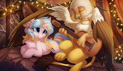 Size: 1280x746 | Tagged: safe, artist:hioshiru, oc, oc only, oc:oofy colorful, oc:vistamage, griffon, pony, unicorn, cheek fluff, chest fluff, christmas, clothes, cute, ear fluff, griffon oc, guitar, holiday, leg fluff, musical instrument, oc x oc, oofymage, prone, scarf, shipping, sitting