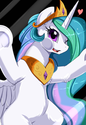 Size: 2343x3395 | Tagged: safe, artist:pridark, princess celestia, alicorn, pony, against glass, cheek squish, crown, cute, cutelestia, female, glass, heart, high res, jewelry, leg fluff, mare, one eye closed, peytral, regalia, silly, solo, squishy cheeks, wink