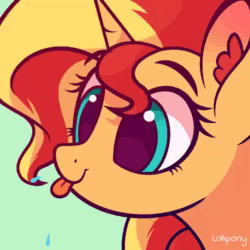 Size: 500x500 | Tagged: safe, artist:lollipony, part of a set, sunset shimmer, pony, unicorn, :p, animated, bust, cute, ear fluff, eye shimmer, female, gif, green background, mare, pbbtt, portrait, raspberry, shimmerbetes, silly, silly pony, simple background, solo, spit, spittle, tongue out, ych result