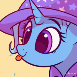 Size: 500x500 | Tagged: safe, artist:lollipony, part of a set, trixie, pony, unicorn, :p, animated, bust, cape, clothes, cute, diatrixes, eye shimmer, female, gif, hat, mare, pbbtt, portrait, raspberry, silly, silly pony, simple background, solo, spit, spittle, tongue out, trixie's cape, trixie's hat, ych result, yellow background