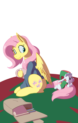 Size: 700x1100 | Tagged: safe, artist:goat train, angel bunny, fluttershy, pegasus, pony, bag, bottomless, clothes, coffee mug, cyan eyes, digital art, duo, elf costume, elf hat, female, grey sweater, hat, hoof hold, looking at something, looking back, mare, mug, partial nudity, pink hair, pink mane, pink tail, redraw, saddle bag, sitting, smiling, sweater, sweatershy, wings, yellow coat