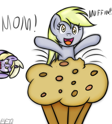 Size: 900x1000 | Tagged: safe, artist:freefraq, derpy hooves, dinky hooves, giant muffin, muffin, text