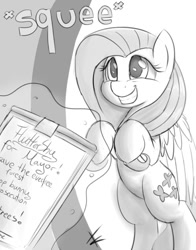Size: 700x891 | Tagged: safe, artist:crade, fluttershy, pegasus, pony, bipedal, clipboard, cute, female, levitation, magic, mare, monochrome, smiling, solo, squee, telekinesis, text, wings