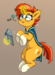 Size: 2388x3289 | Tagged: safe, artist:pabbley, sunburst, sunstone (g4 r63 sunburst), pony, unicorn, belly button, book, ear fluff, female, glasses, glowing horn, horn, huh, implied transformation, implied transgender transformation, levitation, magic, mare, open mouth, question mark, rule 63, solo, spellbook, telekinesis