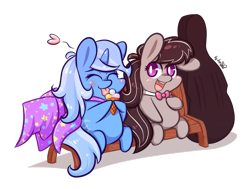 Size: 825x624 | Tagged: safe, artist:dsp2003, octavia melody, trixie, earth pony, pony, 2014, bench, cello, chibi, heart, ice cream, licking, lifeloser-ish, musical instrument, simple background, style emulation, transparent background