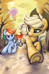 Size: 3000x4500 | Tagged: safe, artist:dimfann, applejack, pinkie pie, rainbow dash, spike, twilight sparkle, dragon, earth pony, pegasus, pony, series:pony re-watch, fall weather friends, :p, airship, applejack's hat, autumn, bound wings, cowboy hat, cutie mark, female, freckles, frog (hoof), hat, hot air balloon, looking at each other, mare, megaphone, raspberry, running, running of the leaves, slowpoke, smiling, tongue out, tree, twilight sparkle's balloon, underhoof, wings