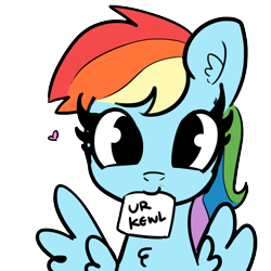 Size: 1024x1024 | Tagged: safe, artist:tjpones, color edit, edit, rainbow dash, pegasus, pony, bust, chest fluff, colored, cute, dashabetes, ear fluff, female, heart, looking at you, mare, mouth hold, note, paper, portrait, positive ponies, simple background, solo, text, transparent background