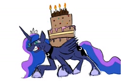 Size: 1049x700 | Tagged: safe, artist:jellymaggot, princess luna, alicorn, pony, /mlp/, 4chan, cake, carrying, drawthread, food, heavy, simple background, solo, struggling, white background
