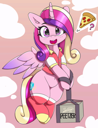 Size: 4708x6170 | Tagged: safe, artist:pabbley, princess cadance, alicorn, pony, absurd resolution, belly button, box, cadance's pizza delivery, clothes, cute, cutedance, delivery, ear fluff, female, flying, food, happy, looking at you, mare, meat, open mouth, peetzer, pepperoni, pepperoni pizza, pizza, pizza delivery, question mark, shirt, socks, solo, spread wings, that pony sure does love pizza, weapons-grade cute, wings