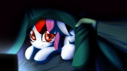 Size: 3840x2160 | Tagged: safe, artist:an-m, oc, oc only, oc:righty tighty, human, bed, blanket, floppy ears, grin, looking at you, nervous, nervous grin, prone, smiling, solo, worried