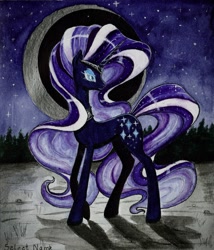 Size: 1848x2160 | Tagged: safe, artist:select name, nightmare rarity, pony, unicorn, eyeshadow, female, jewelry, lidded eyes, makeup, mare, moon, night, regalia, solo, stars, traditional art