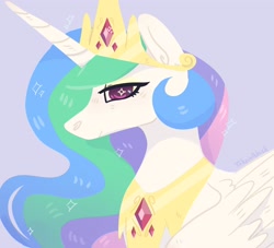 Size: 2200x2000 | Tagged: safe, artist:toksinblack, princess celestia, alicorn, pony, bust, crown, ethereal mane, female, jewelry, mare, portrait, regalia, simple background, smiling, solo, starry eyes, starry mane, wingding eyes