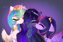 Size: 1920x1275 | Tagged: safe, artist:magnaluna, princess celestia, princess luna, twilight sparkle, twilight sparkle (alicorn), alicorn, pony, :<, blushing, drool, eye clipping through hair, eyes closed, face licking, female, floppy ears, heart, jewelry, kiss on the cheek, kiss sandwich, kissing, lesbian, licking, mare, necklace, not sure if want, one eye closed, platonic kiss, regalia, royal sisters, shipping, tongue out, twiluna