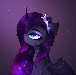 Size: 1920x1880 | Tagged: safe, artist:magnaluna, princess luna, alicorn, pony, chest fluff, crown, cute, ear fluff, ethereal mane, female, galaxy mane, horn, horn jewelry, jewelry, looking up, lunabetes, mare, profile, regalia, solo, spread wings, wing fluff, wing jewelry, wings