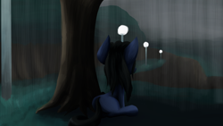 Size: 1280x720 | Tagged: safe, artist:an-m, oc, oc only, oc:abstract module, earth pony, pony, blank flank, grass, plot, rain, solo, tree, wet, wet mane