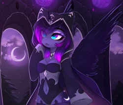 Size: 4096x3490 | Tagged: safe, artist:magnaluna, princess luna, alicorn, anthro, belly button, breasts, cloak, clothes, crescent moon, cute, eye clipping through hair, female, hood, hoof shoes, lunabetes, mare, moon, navel cutout, night, sky, solo, spread wings, stars, wings