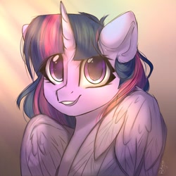 Size: 1280x1280 | Tagged: safe, artist:reterica, twilight sparkle, twilight sparkle (alicorn), alicorn, pony, bust, crepuscular rays, cute, female, looking at you, mare, portrait, smiling, solo, twiabetes