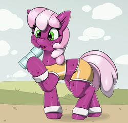 Size: 3436x3331 | Tagged: safe, artist:pabbley, cheerilee, earth pony, pony, cheeribetes, clothes, cute, drink, drinking, ear fluff, female, high res, mare, shorts, solo, sweat, sweatband, water