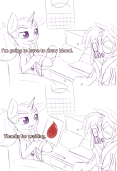 Size: 1280x1875 | Tagged: safe, artist:an-m, oc, oc only, oc:dattepone, oc:hush, blood, chair, clothes, coat, desktop, dialogue, doctor, gas mask, mask, meme