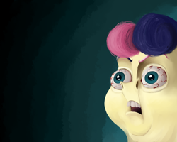 Size: 1500x1200 | Tagged: safe, artist:anontheanon, bon bon, sweetie drops, bloodshot eyes, bon bon is not amused, disturbing, expressions, gradient background, nightmare fuel, open mouth, reaction image, realistic, ren and stimpy, solo, thousand yard stare, unamused, wat, wide eyes