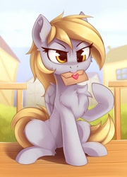 Size: 1368x1900 | Tagged: safe, artist:anti1mozg, derpy hooves, pegasus, pony, cheek fluff, chest fluff, cute, derpabetes, ear fluff, envelope, female, leg fluff, letter, love letter, mare, mouth hold, sitting, solo