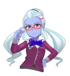 Size: 1077x1177 | Tagged: safe, artist:tzc, sugarcoat, equestria girls, friendship games, bowtie, clothes, crystal prep academy uniform, female, glasses, hairclip, looking at you, pigtails, school uniform, simple background, solo, white background