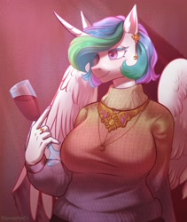 Size: 3290x3898 | Tagged: safe, artist:helemaranth, princess celestia, alicorn, anthro, alcohol, alternate hairstyle, big breasts, breasts, clothes, ear piercing, earring, female, glass, jewelry, mare, peytral, piercing, ring, short hair, solo, sweater, wine, wine glass