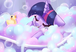 Size: 1600x1100 | Tagged: safe, artist:colorfulcolor233, twilight sparkle, twilight sparkle (alicorn), alicorn, pony, bath, blushing, bubble, bubble bath, cute, eyes closed, female, floppy ears, mare, open mouth, rubber duck, solo, twiabetes