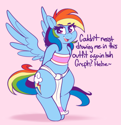 Size: 1437x1479 | Tagged: safe, artist:graphene, rainbow dash, pegasus, pony, semi-anthro, adorasexy, bipedal, chel, clothes, cute, dashabetes, dialogue, fourth wall, meta, rainbow dash always dresses in style, sexy, solo, stupid sexy rainbow dash, the road to el dorado