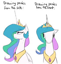 Size: 808x843 | Tagged: safe, artist:anticular, princess celestia, alicorn, pony, comparison, derp, female, front view, hoers, jewelry, majestic as fuck, mare, peytral, princess celestia is a horse, realistic, regalia, side view, simple background, sitting, solo, text, truth, wall eyed, wat, white background