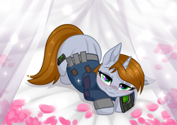 Size: 3465x2454 | Tagged: safe, artist:rioshi, artist:sparkling_light, artist:starshade, part of a set, oc, oc only, oc:littlepip, pony, unicorn, fallout equestria, base used, bed, bedroom eyes, blushing, clothes, cute, cutie mark, face down ass up, fanfic, fanfic art, female, flower petals, hooves, horn, looking at you, mare, pipbuck, smiling, solo, that bed with petals ych, vault suit, ych result