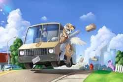 Size: 3048x2052 | Tagged: safe, artist:lightly-san, amethyst star, derpy hooves, sparkler, pegasus, pony, unicorn, box, boxville, car, city, clothes, cloud, delivery, driving, female, food, frog (hoof), grand theft auto, gta v, lawn mower, mail, mailbox, mailmare, mailmare uniform, mare, muffin, package, parcel, post op, this will end in property damage, throwing, underhoof, uniform, van
