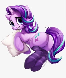 Size: 687x807 | Tagged: safe, artist:hattiezazu, starlight glimmer, pony, unicorn, biting, butt, clothes, cute, female, glimmer glutes, glimmerbetes, grin, looking at you, mare, nervous, nervous grin, pillow, pillow biting, plot, simple background, smiling, socks, solo, striped socks, white background