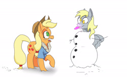 Size: 2318x1500 | Tagged: safe, artist:paleheart-arts, applejack, derpy hooves, earth pony, pegasus, pony, female, mare, simple background, snow, snowman, white background
