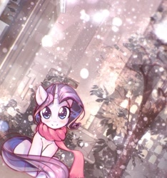 Size: 1177x1255 | Tagged: safe, artist:mirroredsea, rarity, pony, unicorn, blushing, building, city, cityscape, clothes, cute, dutch angle, female, head tilt, horn, looking at you, mare, outdoors, raribetes, scarf, sitting, skyline, smiling, snow, snowfall, solo, tree, winter outfit