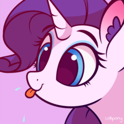 Size: 500x500 | Tagged: safe, artist:lollipony, part of a set, rarity, pony, unicorn, :p, animated, bust, cute, ear fluff, female, mare, pbbtt, portrait, purple background, raribetes, raspberry, silly, silly pony, simple background, solo, spit, tongue out