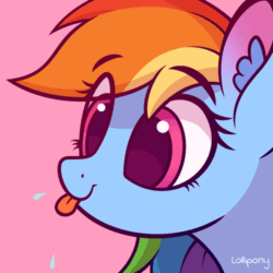 Size: 500x500 | Tagged: safe, artist:lollipony, part of a set, rainbow dash, pegasus, pony, :p, animated, bust, cute, dashabetes, ear fluff, eye clipping through hair, female, mare, pbbtt, pink background, portrait, raspberry, silly, silly pony, simple background, solo, spit, tongue out