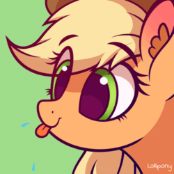 Size: 500x500 | Tagged: safe, artist:lollipony, part of a set, applejack, earth pony, pony, :p, animated, bust, cute, ear fluff, eye clipping through hair, female, green background, jackabetes, mare, pbbtt, portrait, raspberry, silly, silly pony, simple background, solo, spit, tongue out, who's a silly pony