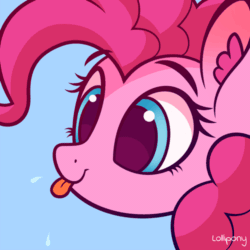 Size: 500x500 | Tagged: safe, artist:lollipony, part of a set, pinkie pie, earth pony, pony, :p, animated, blue background, bust, cute, diapinkes, ear fluff, female, mare, pbbtt, portrait, raspberry, silly, silly pony, simple background, solo, spit, tongue out