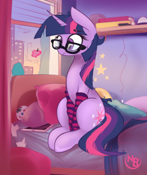 Size: 2630x3137 | Tagged: safe, artist:nevobaster, twilight sparkle, unicorn twilight, butterfly, pony, unicorn, bed, book, city, clothes, cute, earbuds, female, glasses, high res, mare, messy mane, pillow, plushie, sitting, sitting on bed, socks, solo, striped socks, tablet, twiabetes, waking up, window