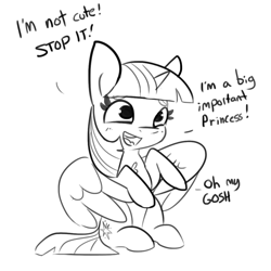 Size: 1080x1080 | Tagged: safe, artist:tjpones, twilight sparkle, twilight sparkle (alicorn), alicorn, pony, blatant lies, blushing, cute, denial, denial's not just a river in egypt, female, i'm not cute, lying, mare, monochrome, open mouth, raised hoof, sitting, spread wings, tjpones is trying to murder us, twiabetes, wings